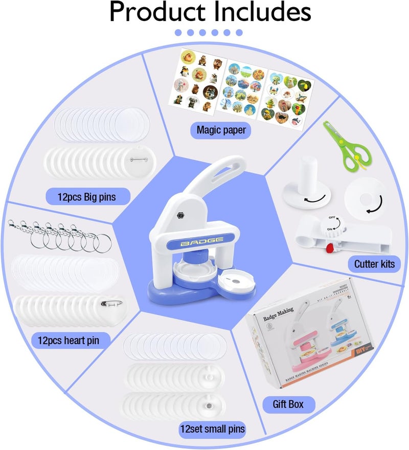 Lymoc Badge Maker Machine with 3 Pins Sharp,Upgrade Button Maker Artist DIY Pin Maker Press Machine Badge Punch Kit with 86 pcs Button Parts Circle Cutter Present Installation-Free,Blue - Image 2